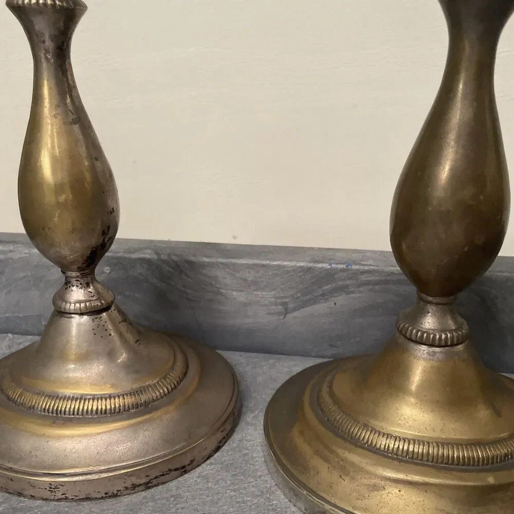 Vintage Silver-Plated Brass Candlesticks with Heavy Patina